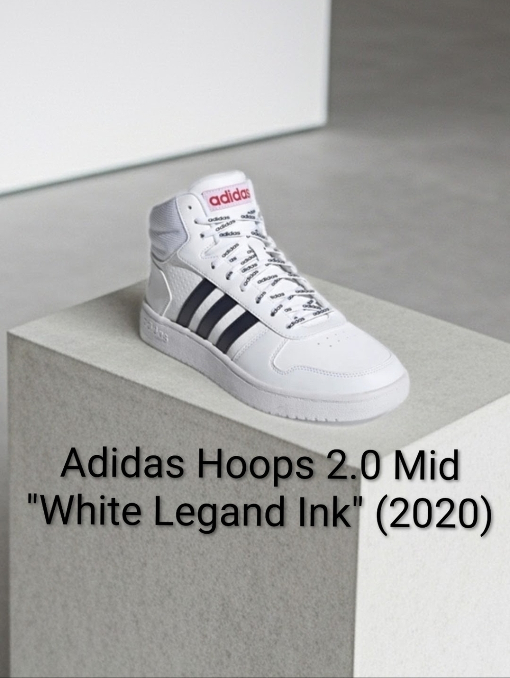 Adidas Hoops 2.0 Mid "White Legand Ink" (2020) Boys 5Y Girls 6.5 EUC